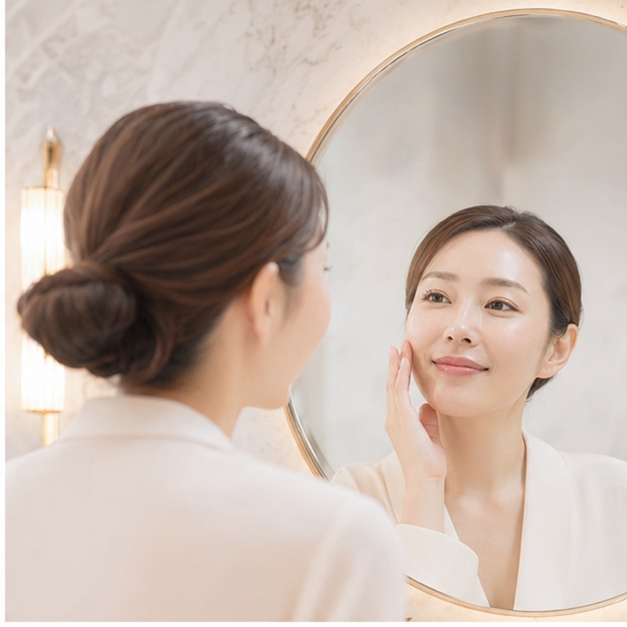 鏡で目元と頬まわりを確認する女性